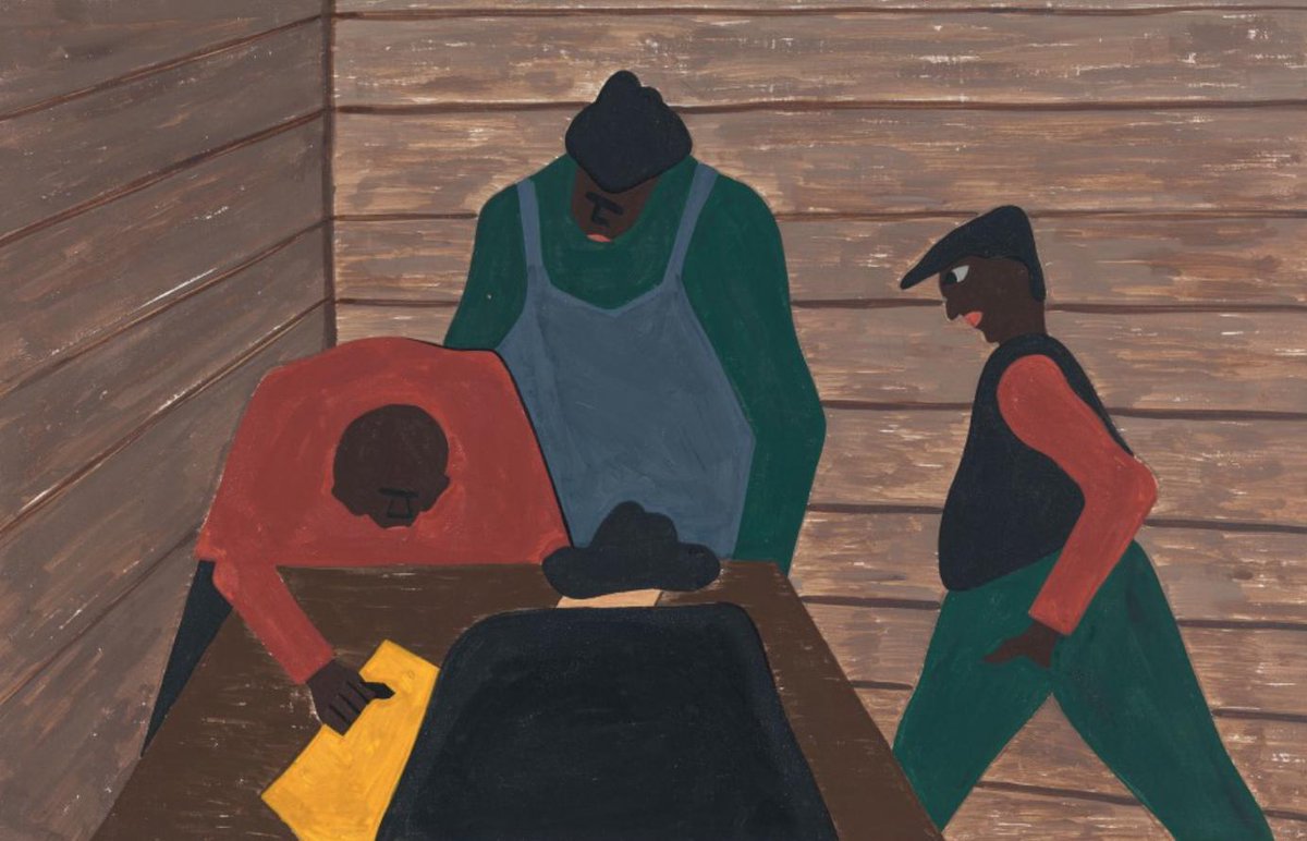 "The labor agent recruited unsuspecting laborers as strike breakers for northern industries."#29, Great Migration Series, 1941Jacob LawrenceMOMA