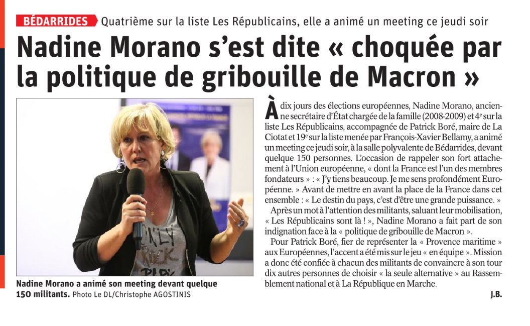 Republicains_84's tweet photo. 📰🗞[ Élections Européennes ] 📰🗞

Retour dans la presse @LeDLVaucluse sur la réunion publique de @nadine__morano Députée européenne Ancienne Ministre et n°4 sur la liste de @fxbellamy à #Bédarrides.  #AvecBellamy #LeVaucluseAvecBellamy #LR84 #JeVoteBellamy 🇪🇺🇫🇷 https://t.co/xhi2ohA29j