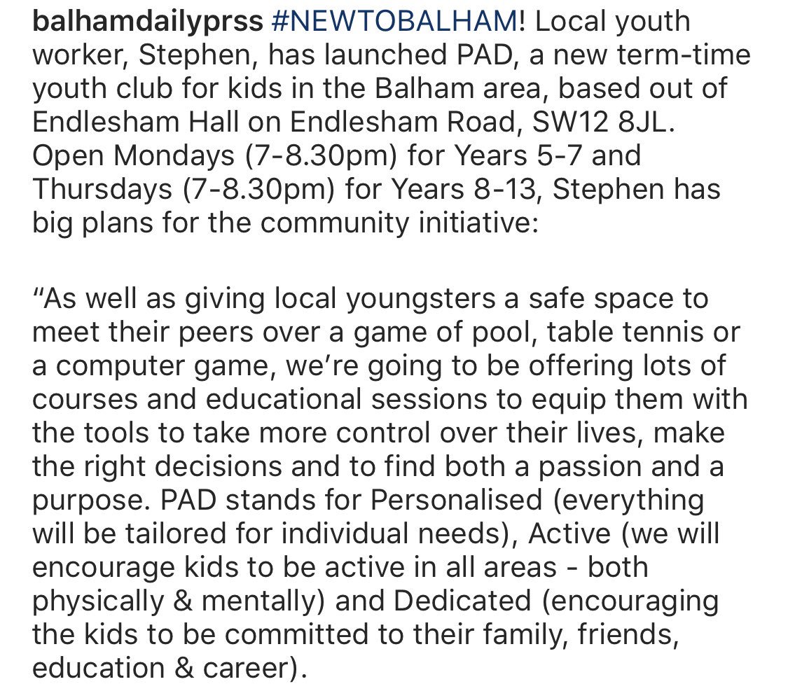 balhamnewsie's tweet photo. #NEWTOBALHAM! Local youth worker, Stephen, has launched @PadYouth, a new term-time youth club for kids in the #Balham area, based out of Endlesham Hall on Endlesham Road, SW12 8JL. Full info in image. Crowdfunder: https://t.co/Hw2EVYjuWO⁣. Congratulations &amp; good luck, Stephen! https://t.co/4GkjTut9TC