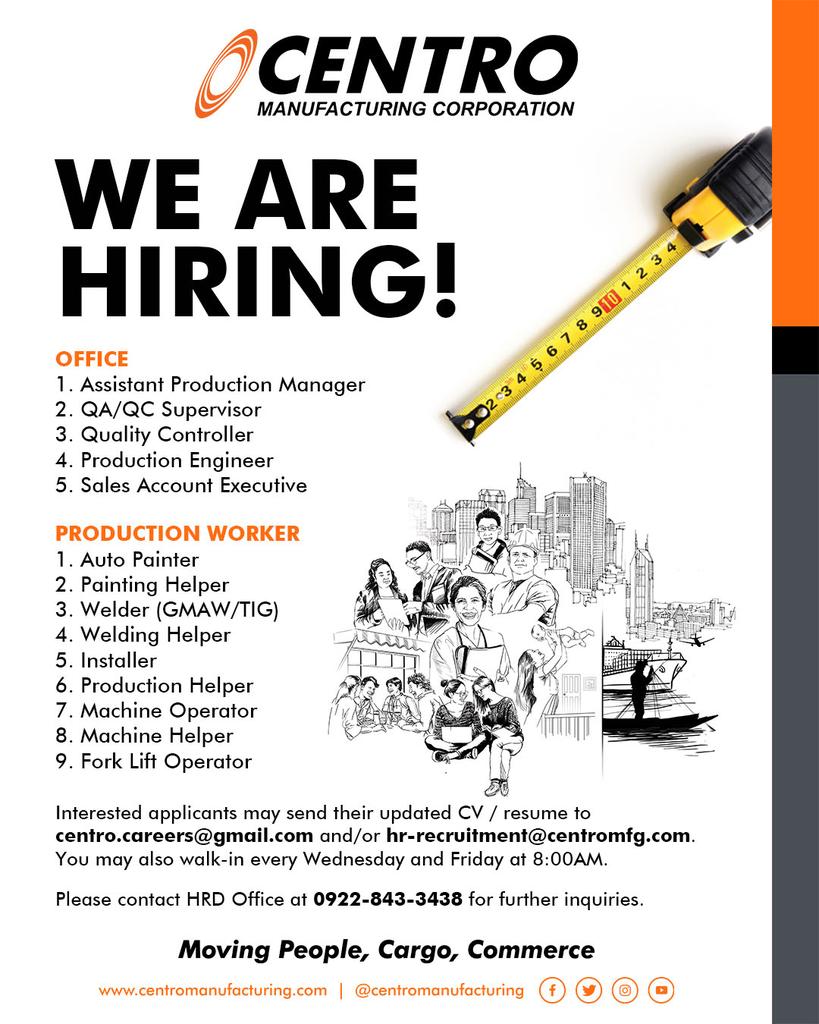 centromfg's tweet photo. We are hiring!

Centro Manufacturing has job openings in Marilao, Bulacan, Novaliches and Maguyam Carmona.

Interested applicants may send their CV / resume to centro.careers@gmail.com and or hr-recruitment@centromfg.com.

#CentroManufacturing https://t.co/w4lVMA930o