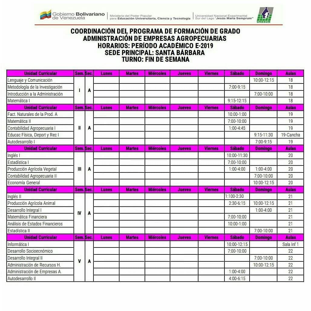 UnesurOficial's tweet photo. A través del Consejo Universitario #CU Presidido por el Rector Dr. @MartinezUNESUR se aprobó la modalidad de estudio  #FinDeSemana. Aquí #Horarios de la Carrera Administración de Empresas Agropecuarias. @hugbelpsuv https://t.co/W98hRdCTZm