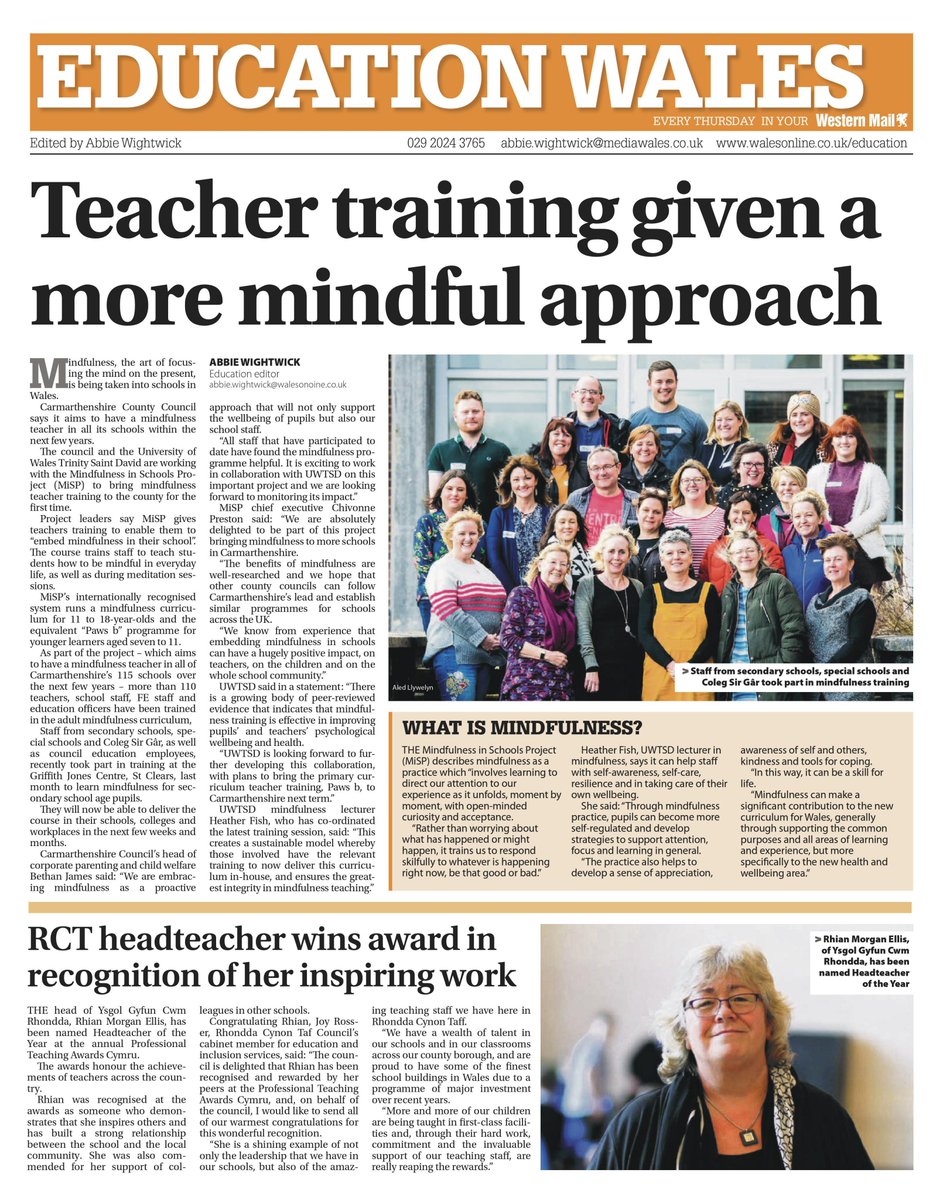 📰Great coverage in this week's <a href="/WalesOnline/">WalesOnline 🏴󠁧󠁢󠁷󠁬󠁳󠁿</a> 'Education Wales' supplement!  Recently, <a href="/UWTSD/">University of Wales Trinity Saint David</a> and <a href="/CarmsCouncil/">Cyngor Sir Gâr</a> have been working together with <a href="/dotbschools/">Find us at @MiSPcharity</a> (MiSP) to bring mindfulness teacher training to the county for the first time! <a href="/Mindfulworking/">Heather Fish</a> <a href="/UWTSDLampeter/">Lampeter@UWTSD</a> #Wellbeing