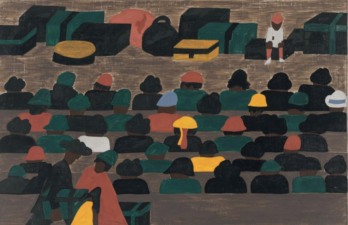 "The railroad stations in the South were crowded with northbound travellers."#32, Great Migration Series, 1941Jacob LawrenceMOMA