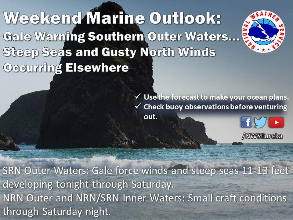 NWSEureka's tweet photo. Marine Outlook: Gale force northerly winds are forecast to develop over the southern outer waters tonight through Saturday night. In addition, gusty north winds and steep seas will be likely over the northern outer and northern/southern inner waters through Saturday night. #CAwx https://t.co/rafLRVJQST
