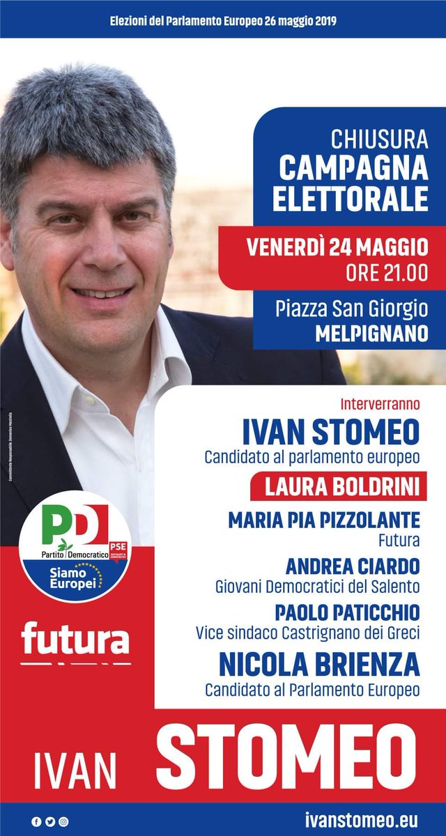 ivan_stomeo's tweet photo. Dopo un mese in giro per il Sud Italia, questa sera chiudo la mia campagna elettorale a #Melpignano e sono molto emozionato! Vi aspetto alle 21.00 in piazza San Giorgio. Uniti si vince!
#elezionieuropee2019 #scriviStomeoIvan #26maggio https://t.co/KWdATYrHw3
