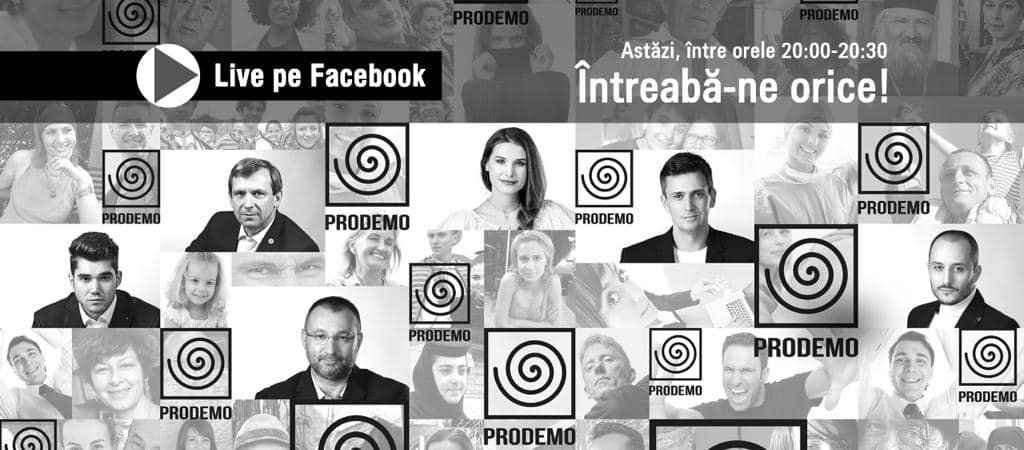 Astă-seară, de la ora 20.00, ne vedem din nou live, pe Facebook. Întreabă-ne orice! Vor fi prezenți primii candidați de pe lista PRODEMO pentru alegerile de duminică: Cătălin Ivan, Ioana Picoș Făgădaru, Cornel Radu-Loghin, Tudor Matei, Emilian Burdușel și Gabriel Dobraniș.