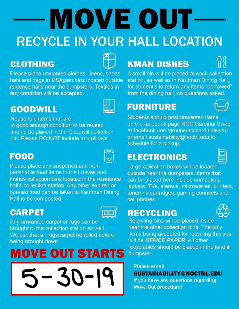 NCCSustainable's tweet photo. It's that time of year again! Move Out starts next week and Sustainability works REALLY hard to help keep things out of the landfill during this time of year. Check out these flyers for information on what you can recycle and where to do so! Please RT to spread the word https://t.co/sQRlQWNx7U