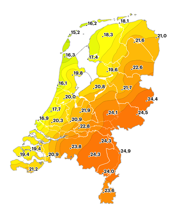 EdAldus's tweet photo. Vandaag grote verschillen in de regio doordat de wind vanaf de #visbak kwam. Hoek van Holland 16,9 graden, Rotterdam 20,3 en Herwijnen (net ten oosten van Gorinchem) 22,8 graden. Het werd bijna zomers warm in het Limburgse Arcen met 24,9 graden. https://t.co/zGGbe5kXdw