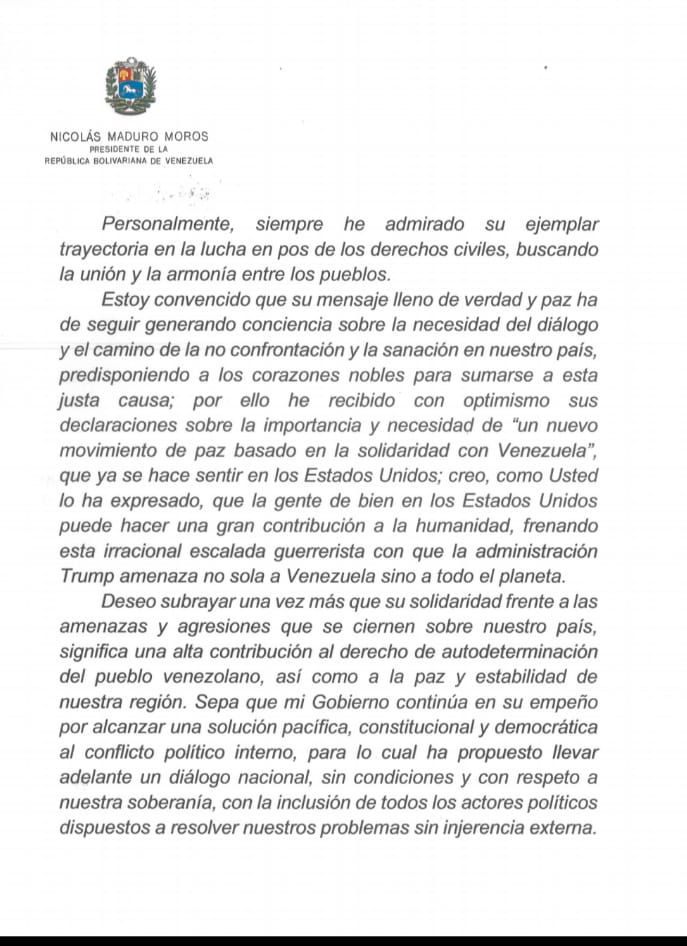 jaarreaza's tweet photo. Con esta carta, el Presidente @NicolasMaduro le expresó su agradecimiento al @RevJJackson por defender la paz y el derecho internacional frente a nuestra Embajada: "la gente de bien de Estados Unidos puede hacer una gran contribución ala humanidad..." #TrumpDesbloqueaVenezuela https://t.co/PUkfm9P5kh