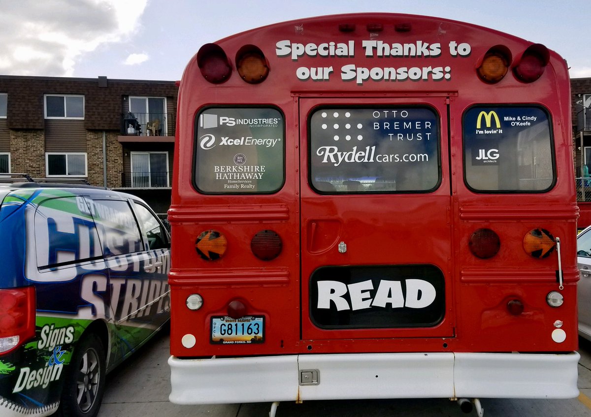 GFRedReadingBus's tweet photo. Thank you, #CustomStripes!! Our sponsor logos look great on the back of the bus. We have room for a few more, are you interested is supporting the @GFRedReadingBus this summer? Contact @emiliahodgson at ehodgson290@mygfschools.org! #readeveryday #GFSchools #ILoveGF #GFisCooler https://t.co/bSOQSpUObl
