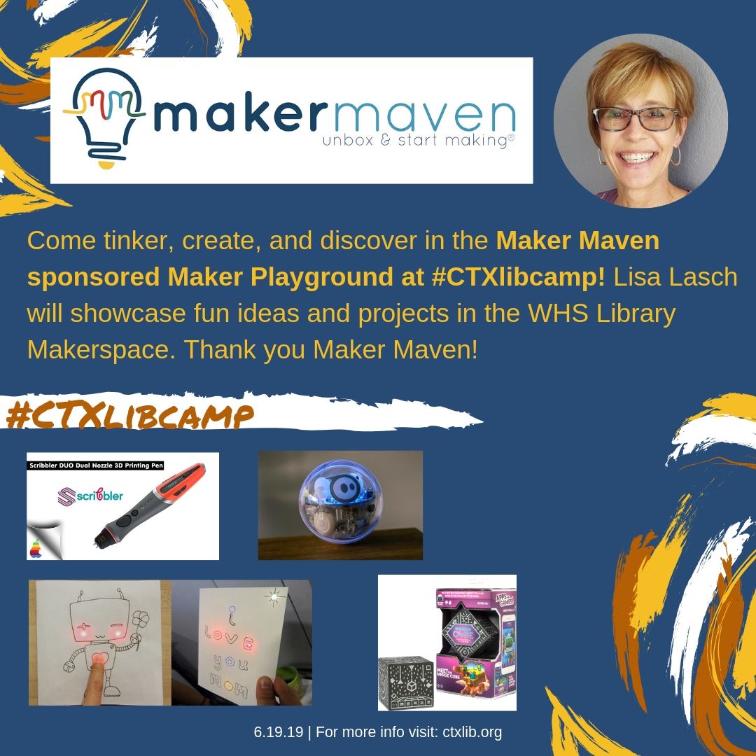 Just announced! Maker Maven's Lisa Lasch will be showcasing a maker playground at the 1st annual #CTXlibcamp on June 19 at Weiss High School in Pflugerville, TX! Thanks to <a href="/lmlasch/">Lisa Lasch</a> and <a href="/maker_maven/">Maker Maven</a> Info and registration at ctxlib.org #txlchat #pfisdlibraries