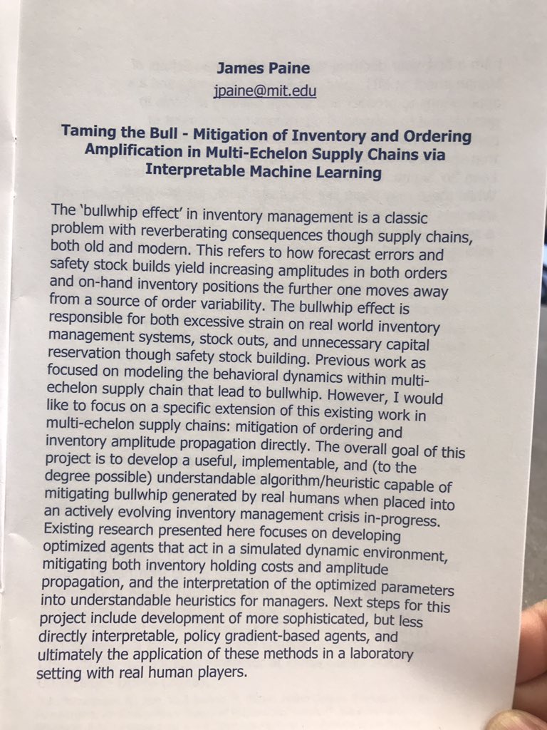 WPISDclub's tweet photo. 7th presentation: “Taming the Bull - Mitigation of Inventory and Ordering in Multi-Echelon Supply Chains via Interpretable Machine Learning “ by James Paine of @MITSloan #38SDC https://t.co/Z24f6F1ZP6