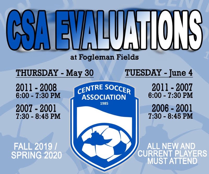 centresoccer_pa's tweet photo. Players interested in being evaluated for a 2019-2020 Centre Soccer local travel team should express interest now! Evaluations held May 30 and June 4 at #Fogleman Soccer Field. Register at https://t.co/SUpHyO49wL #statecollege #happyvalley https://t.co/Nk9M18RtoE