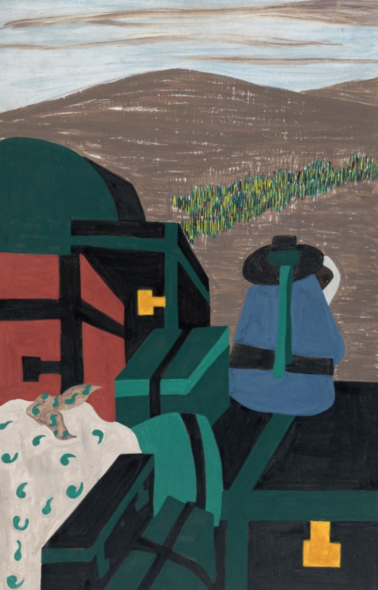 "Railroad platforms were piled high with luggage."#39, Great Migration Series, 1941Jacob LawrenceMOMA