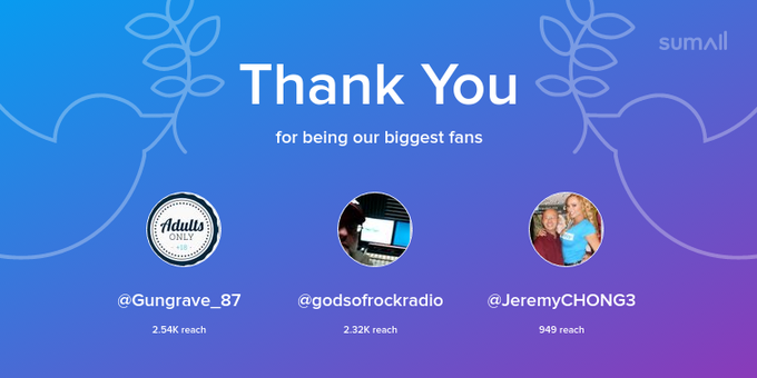 Our biggest fans this week: Gungrave_87, godsofrockradio, JeremyCHONG3. Thank you! via https://t.co/Ic1sEYJmO8