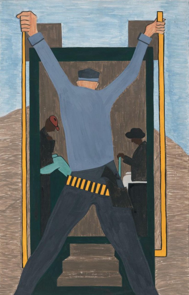 "To make it difficult for the migrants to leave, they were arrested en masse. They often missed their trains."#42, Great Migration Series, 1941Jacob LawrenceMOMA