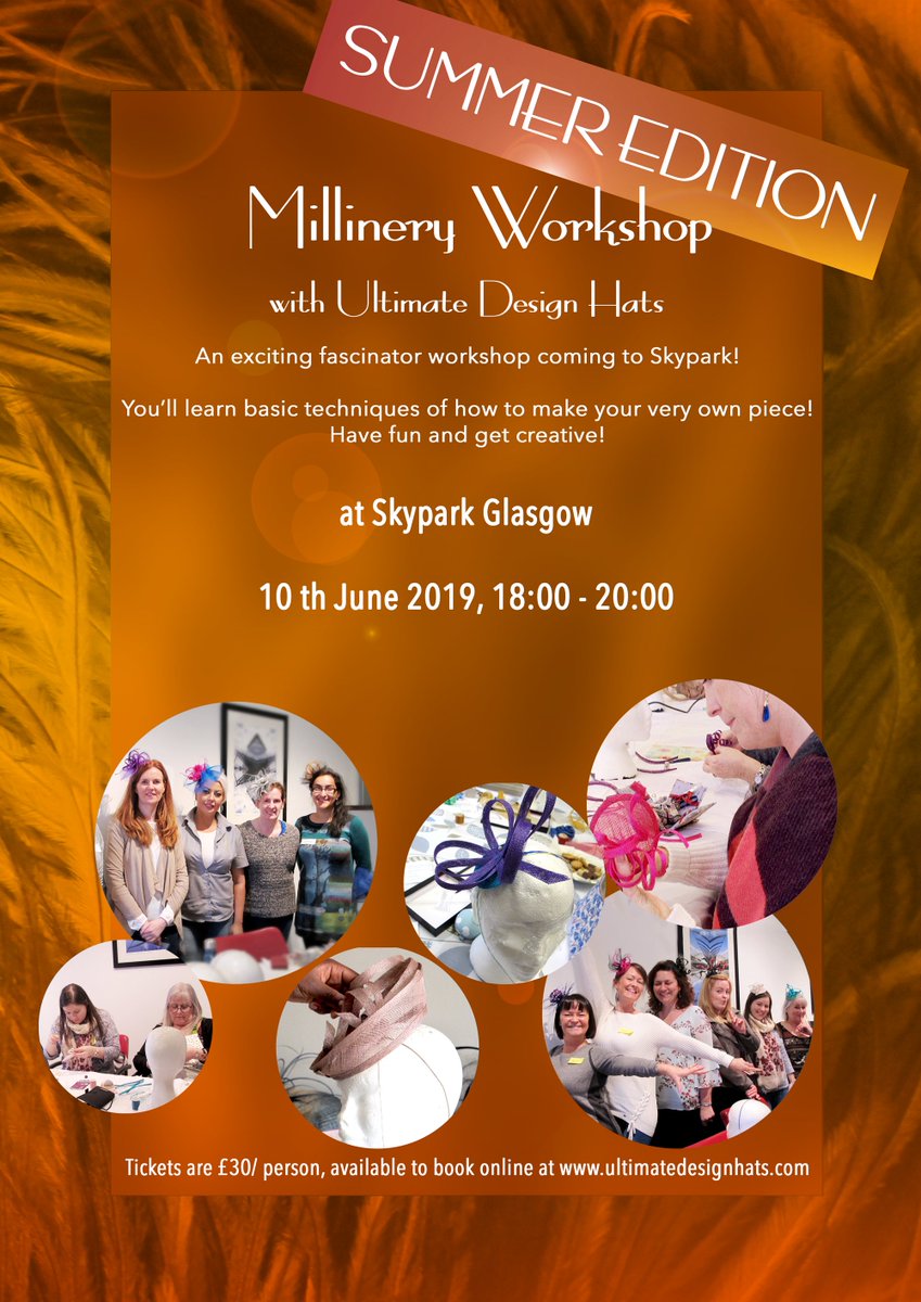 UltimateDesHats's tweet photo. Workshop at @skypark! Book today for our fascinator workshop. Our last one for this summer and we can guarantee you a fab night, taking away your very own fascinator and some new skills. Book via our website 👒 #workshop #glasgow #hatclass #hats #diyclass #diy #milliner #hatter https://t.co/qXoC4F41JZ