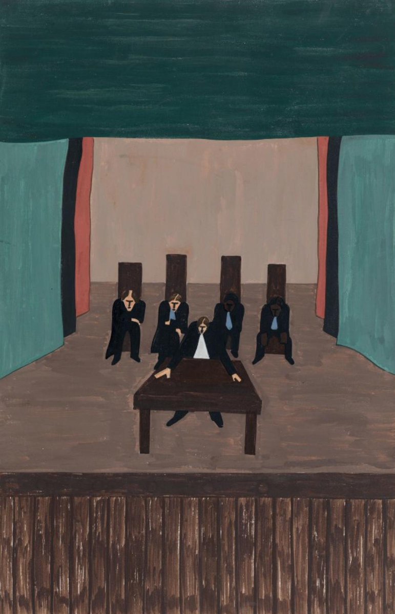 "In a few sections of the South leaders of both Black and White communities met to discuss ways of making the South a good place to live."#43, Great Migration Series, 1941Jacob LawrenceMOMA