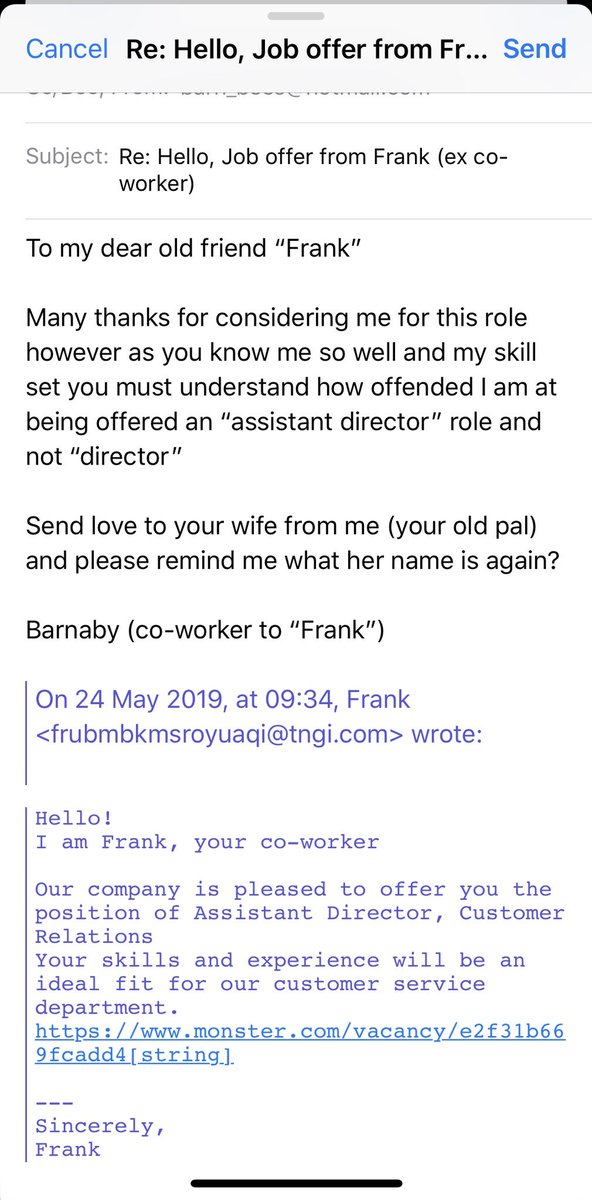 Got to love spam email... let’s see if I get a reply #whoIsFrank #exCoWorker  #jobOffer