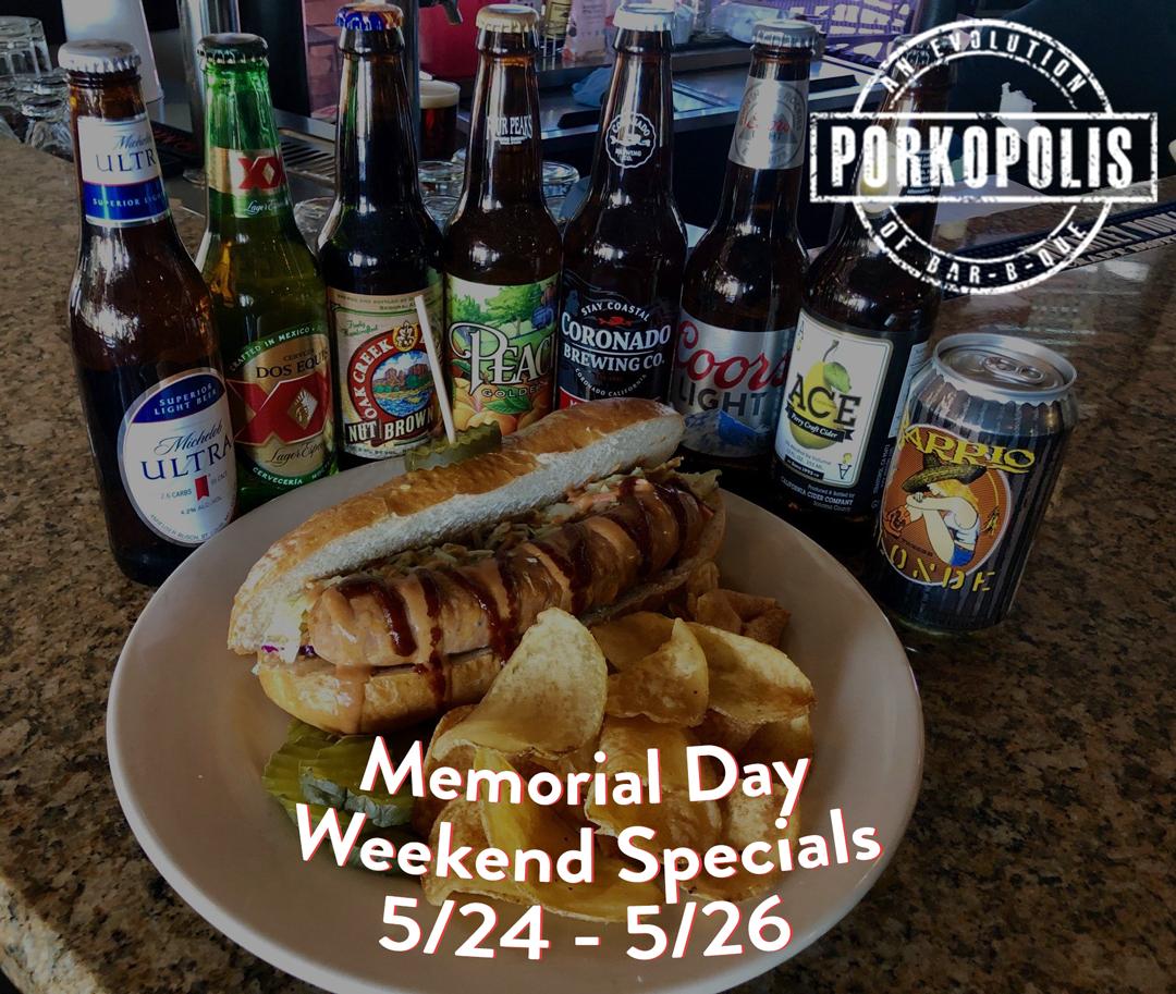 Porkopolisbbq's tweet photo. Join us all Memorial Day Weekend for specials you won't want to miss beginning today, Friday, May 24th through Sunday, May 26th!

🐷 10% off meat by the pound for carry out
🐷 $3 wells all day
🐷 $10 hot link hoagie 2/ chips and a bottled beer https://t.co/tGjlockX2i