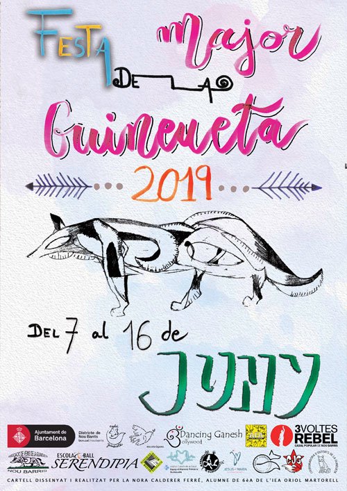 Bon dia Guineueta! Ja tenim aqui la Festa Major del 2019, feta per gent del barri amb moltes novetats per a que la gaudiu amb alegria.
De moment us deixem el cartell guanyador d'aquest any, fet per alumnes de l'IEA Oriol Martorell. Ens veiem pels carrers a partir del 7 de juny!