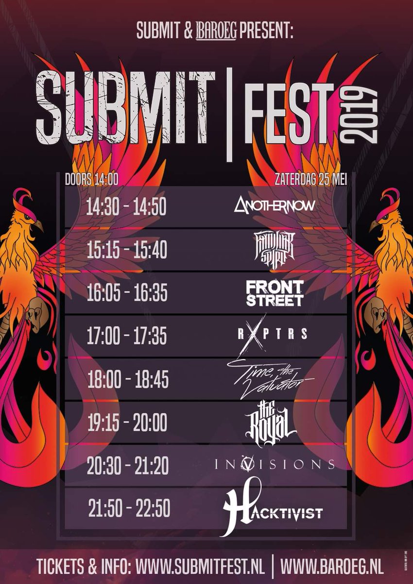 Tomorrow it's time 🔥 and to help you making it the best one, here's the timetable so you won't miss any of the amazing bands💜 Haven't got your ticket yet? Pre-sale 19Eu, 20Eu at the door!  🎟: baroeg.stager.nl/web/tickets/28… #metalcore #alternative #progressivemetal #metal #festival