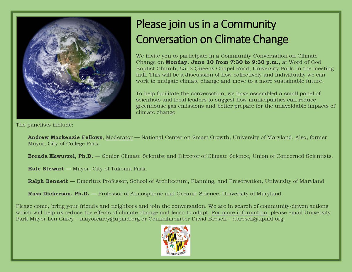 Come learn what we, as individuals, can do to help make a difference in our communities on climate change. We hope you can join us on Monday, June 10 at 7:30 p.m. All are welcome! upmd.org/CivicAlerts.as…