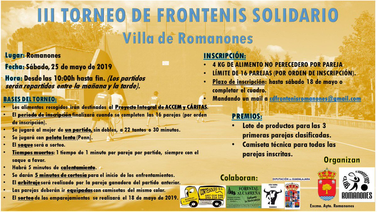 Mañana algunos de nuestros jugadores irán a jugar el torneo solidario de frontenis que organizan nuestros amigos del <a href="/CFRomanones/">FRONTENIS ROMANONES</a> 
Mucha suerte y a pasarlo bien.