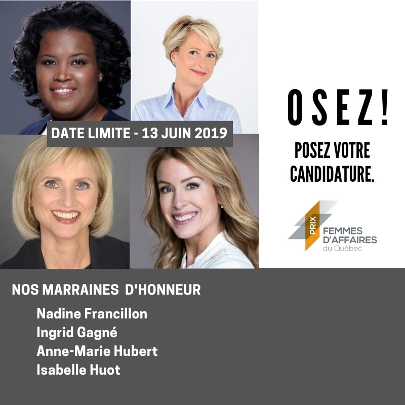 PFAQ's tweet image. Tu es dynamique, talentueuse, respectée dans ton milieu professionnel?
Pourquoi ne pas prendre la fin de semaine pour poser ta candidature au concours Prix Femmes d'affaires du Québec?!?

Et éviter le stress de dernières minutes... 😉
bit.ly/2MZmSwa