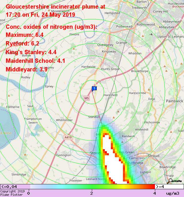 plumeplotter's tweet photo. Latest Gloucestershire incinerator plume plot, 17:20 24/05/19 #Ryeford #KingsStanley #Middleyard https://t.co/6Vrw8OIv6t https://t.co/wbzNUgokGq