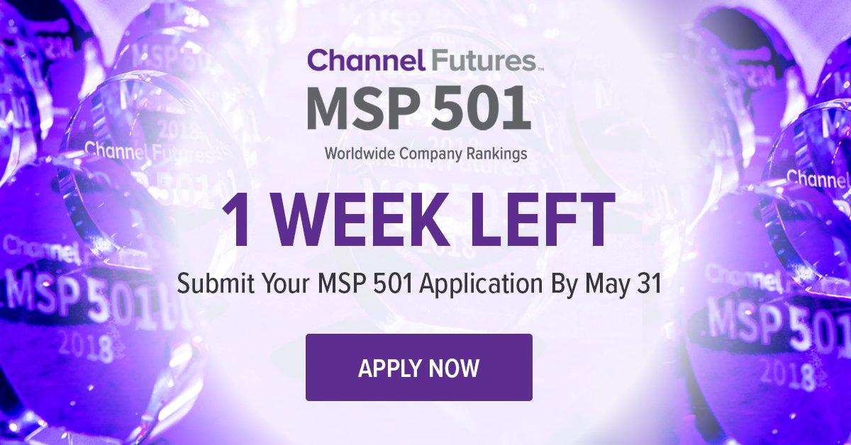 ChannelDiveNews's tweet photo. 1 week left to submit your application for @ChannelFutures #MSP501! Submit by May 31, for your chance to be ranked as one of the world's top #MSPs + winners get free VIP access to #CPEvolution ->  https://t.co/4PxtWBrkkY https://t.co/3xa1LUdfRO