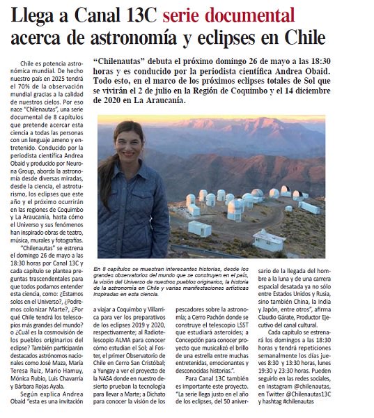 DeValleDeElqui's tweet photo. @AndreaObaid estará presentando su programa Chilenautas en @CANAL_13C, serie documental sobre astronomía y eclipses en Chile. #EnLaRutaDelEclipse #Eclipse2019 https://t.co/LEz561yZOs