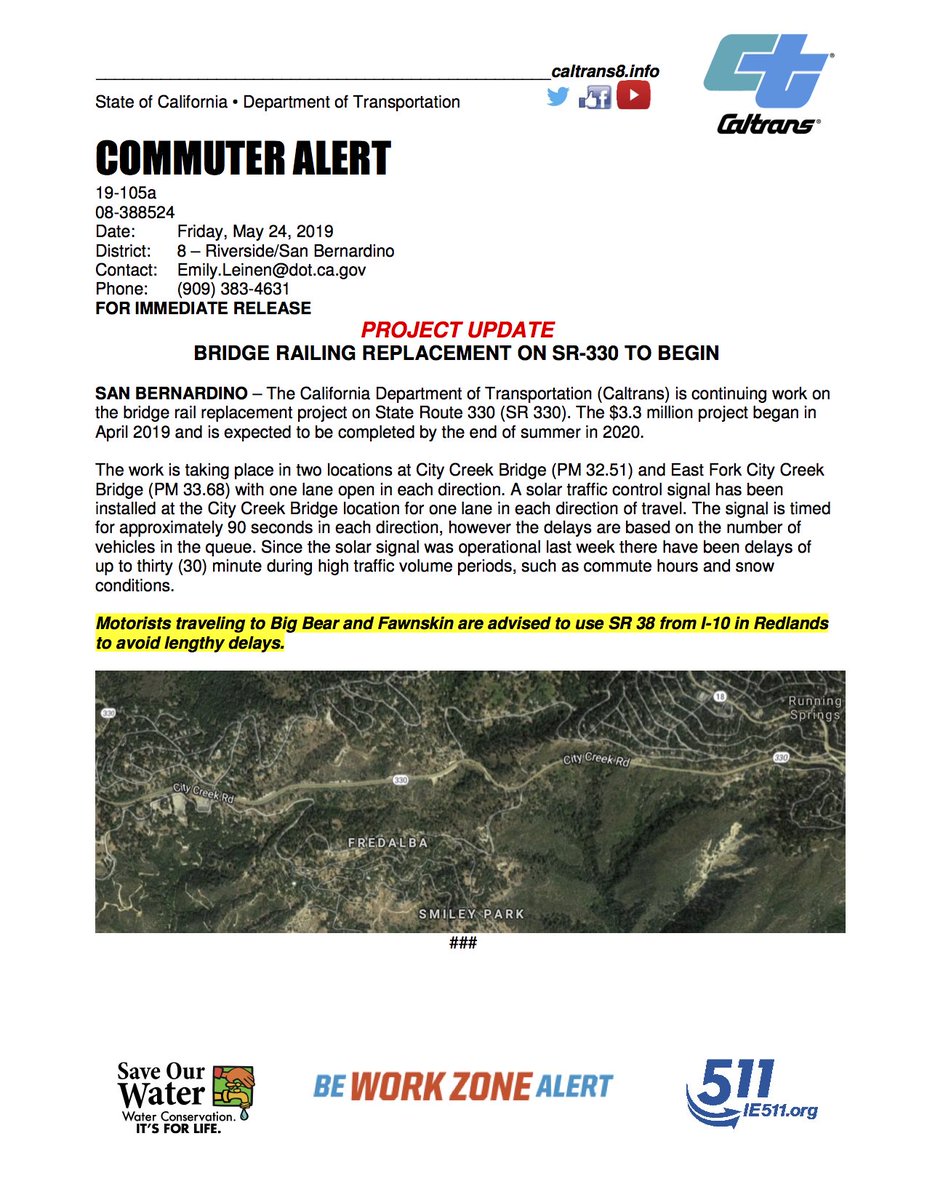 Heading to #BigBear area? You might want to use #Highway38. <a href="/Caltrans8/">Caltrans District 8</a> is working on a project at the City Creek Bridge that is generating long delays on Hwy 330.