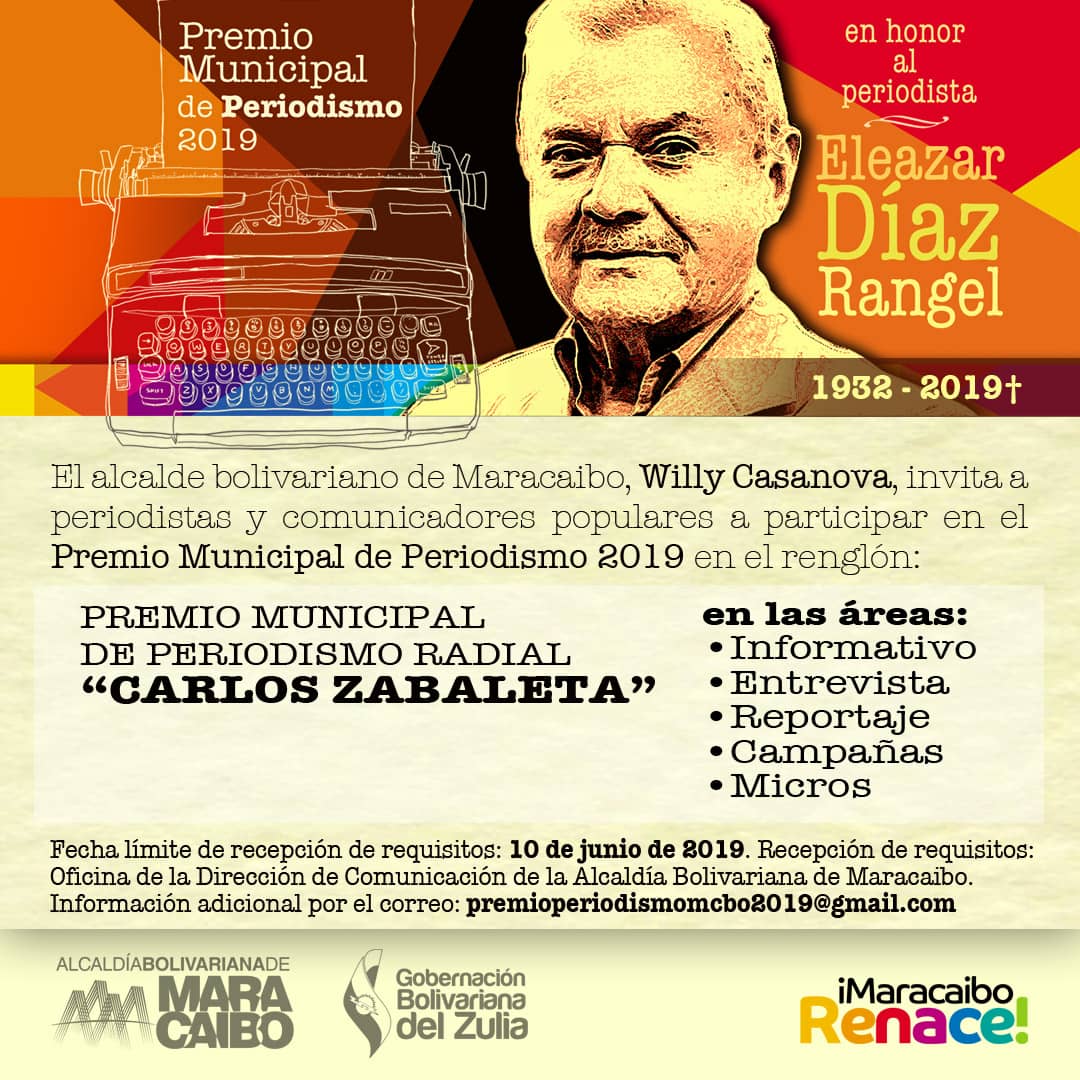 Mcbo_tequiero's tweet photo. #24May | Participa en el ¡Premio Municipal de Periodismo 2019!

En homenaje al periodista Eleazar Diaz Rangel, el alcalde @Willy_Casanova, rinde honores a todas aquellas personas que con trabajo duro, nos brindan el acontecer informativo en esta Maracaibo que #Renace. https://t.co/faHiYr2ByA