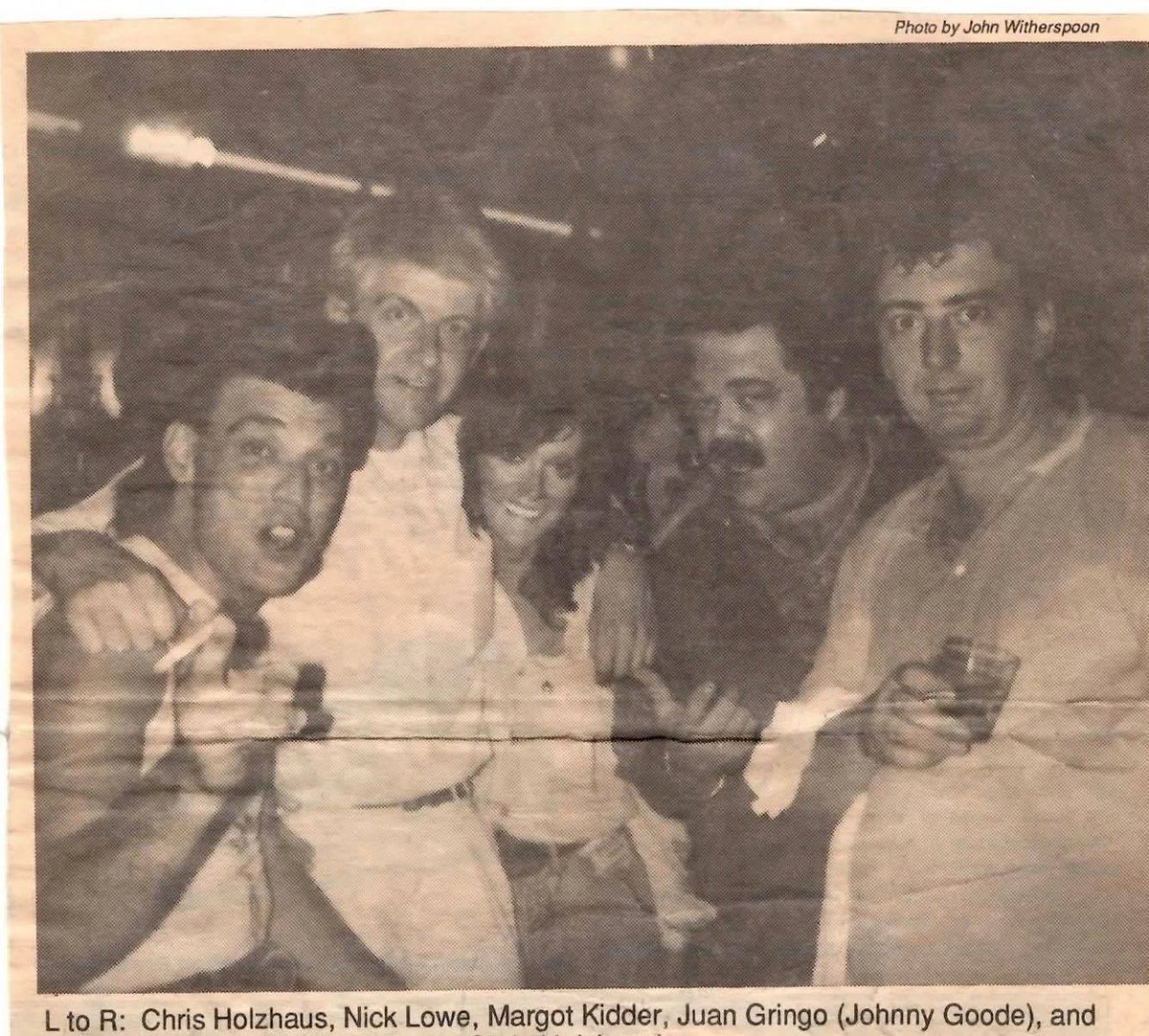 NickLoweBio's tweet photo. San Antonio, Texas, 1987: Drummer Bobby Irwin, far right in pic, was playing a club date with guitarist Chris Holzhaus when Nick and Margot dropped by. With thanks to Mike Bodayle. #nicklowe #margotkidder #chrisholzhaus #johnnygoode #bobbyirwin #mikebodayle #texas https://t.co/TedUgaapK8