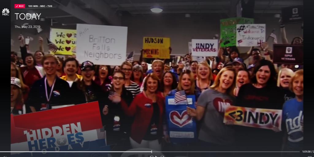 theplaidagency's tweet photo. Can you find the #PLAIDmate in this photo that braved the rain and Soaked Up the Sun with the @TODAYshow, @SherylCrow, @tomhanks, @SavannahGuthrie, and local favorites @JuliaMoffitt13 and @BenHill_WTHR at @IMS? #HiddenHeroesTODAY #MustbeMay https://t.co/6irUrMCtyr