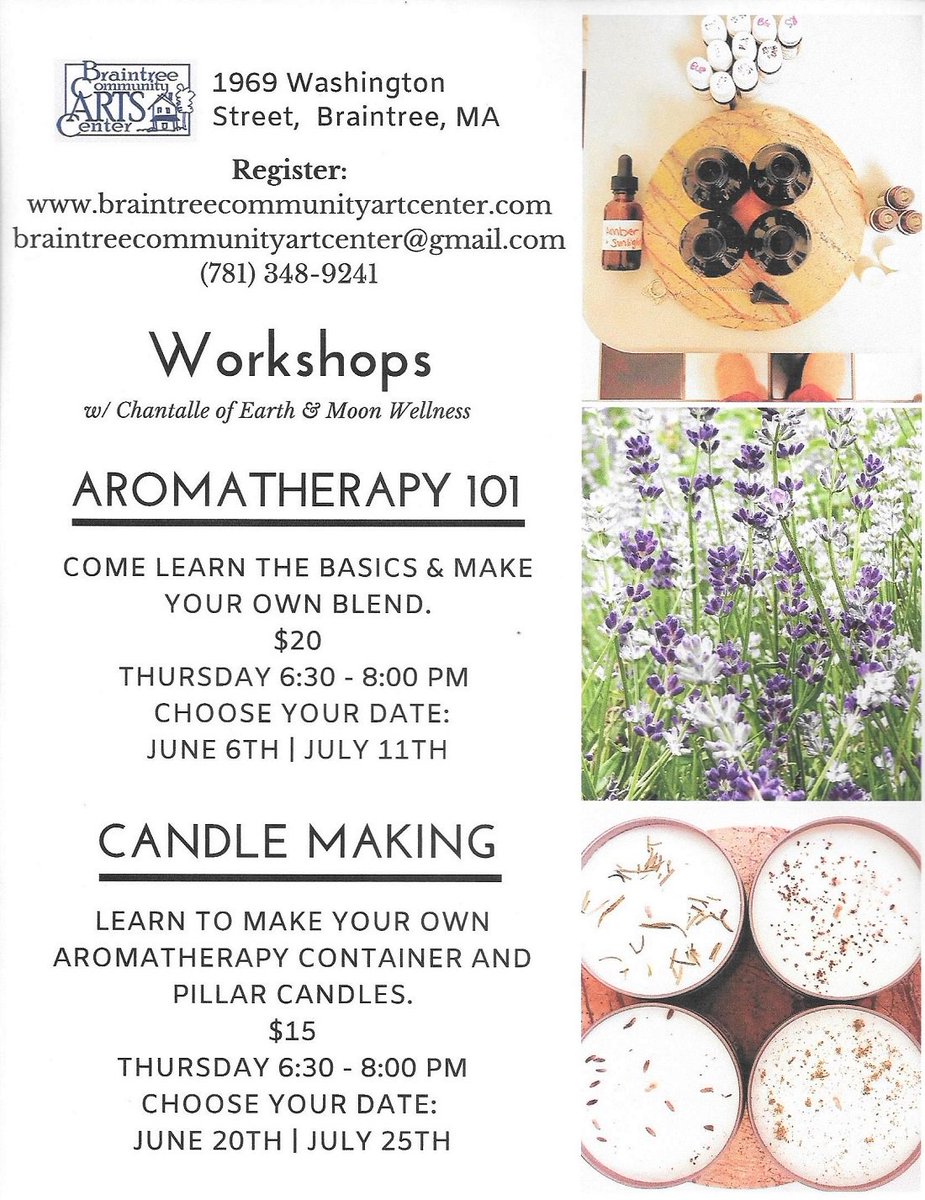 We're excited to offer workshops in June &amp; July for Aromatherapy 101 and Candle Making  #Braintree #aromotheraphy - Here's a printable flyer link:  braintreecommunityartcenter.com/wp-content/upl…
