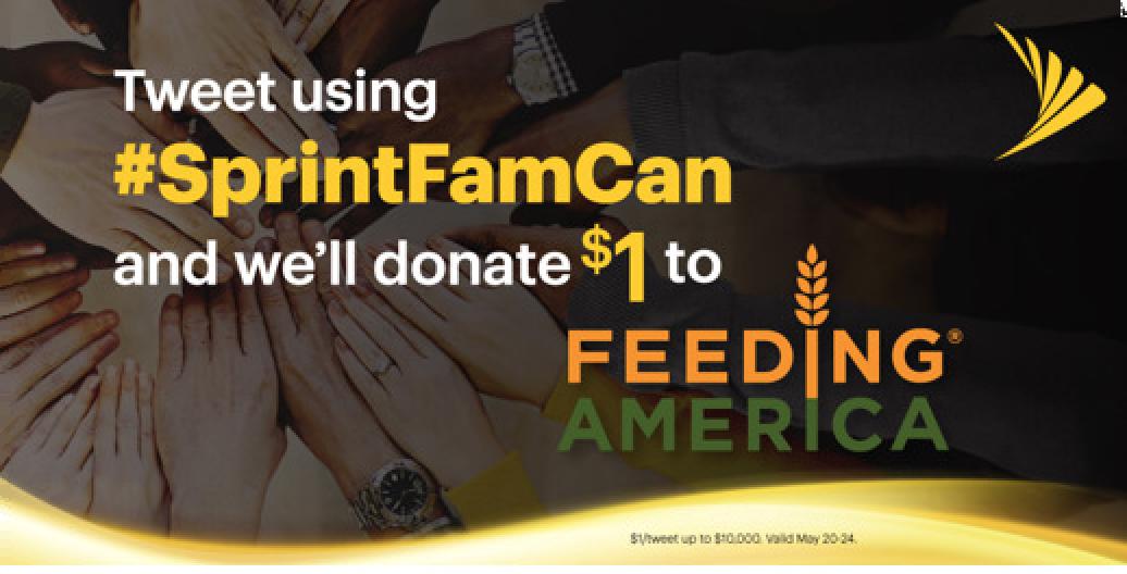 SRiceNow's tweet photo. Help @sprint support kids and their families to end hunger! Every time you tweet #SprintFamCan today, Sprint will donate $1 to @FeedingAmerica https://t.co/Qdzfo0rkZb