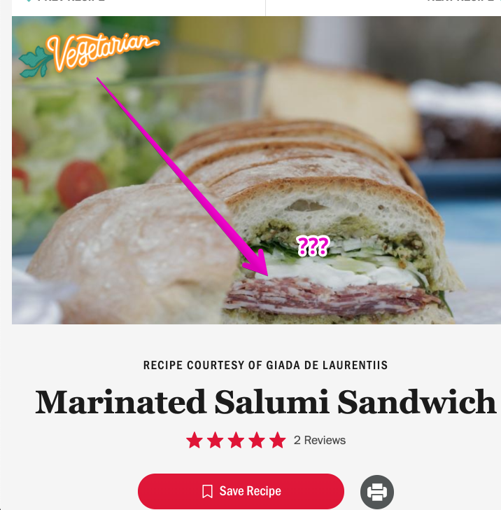 yochum's tweet photo. Hey @FoodNetwork this recipe is most definitely NOT vegetarian as labeled. https://t.co/if5s0v2VTz https://t.co/A5ueiR8qLm