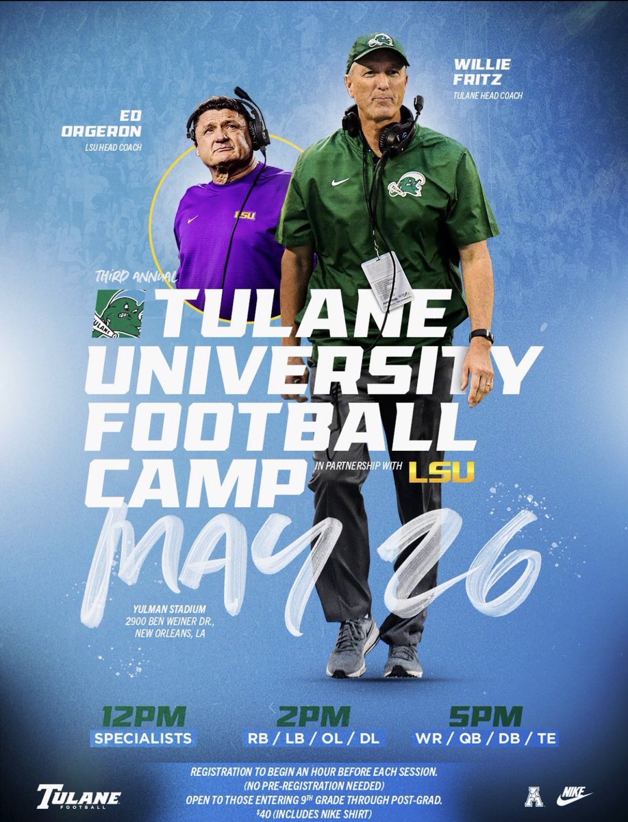 GreenWaveFB's tweet image. The best camp in #TheBoot takes place this Sunday in Yulman Stadium.
Will YOU be here?

More Info ➡️ bit.ly/2wbQjVE