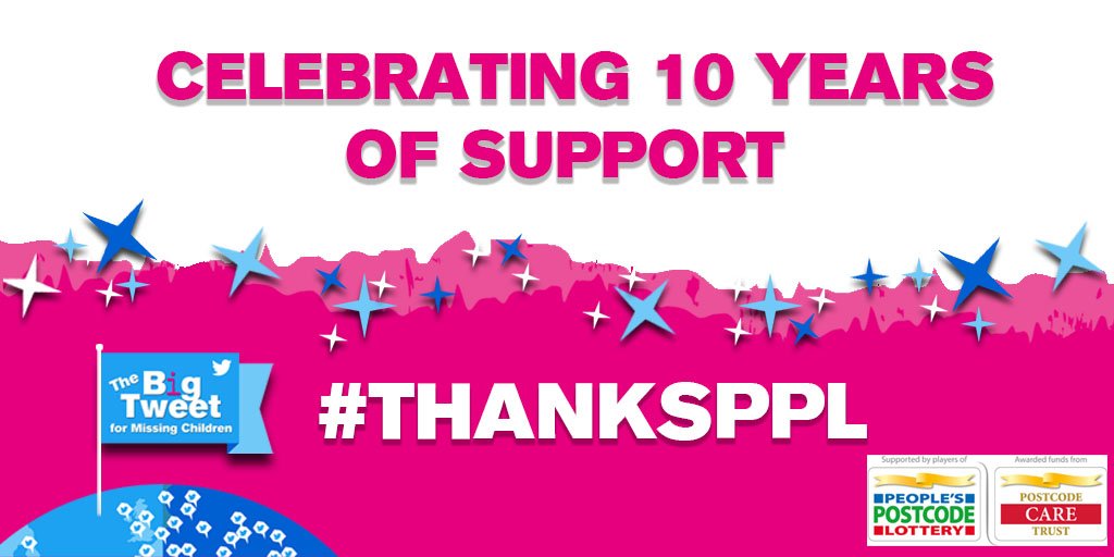 missingpeople's tweet image. This year we're celebrating an incredible 10 years of support from players of People's @PostcodeLottery! Over £6million has been raised to keep our helpline open and running 24/7 to support missing people and their families! #ThanksPPL 🎉