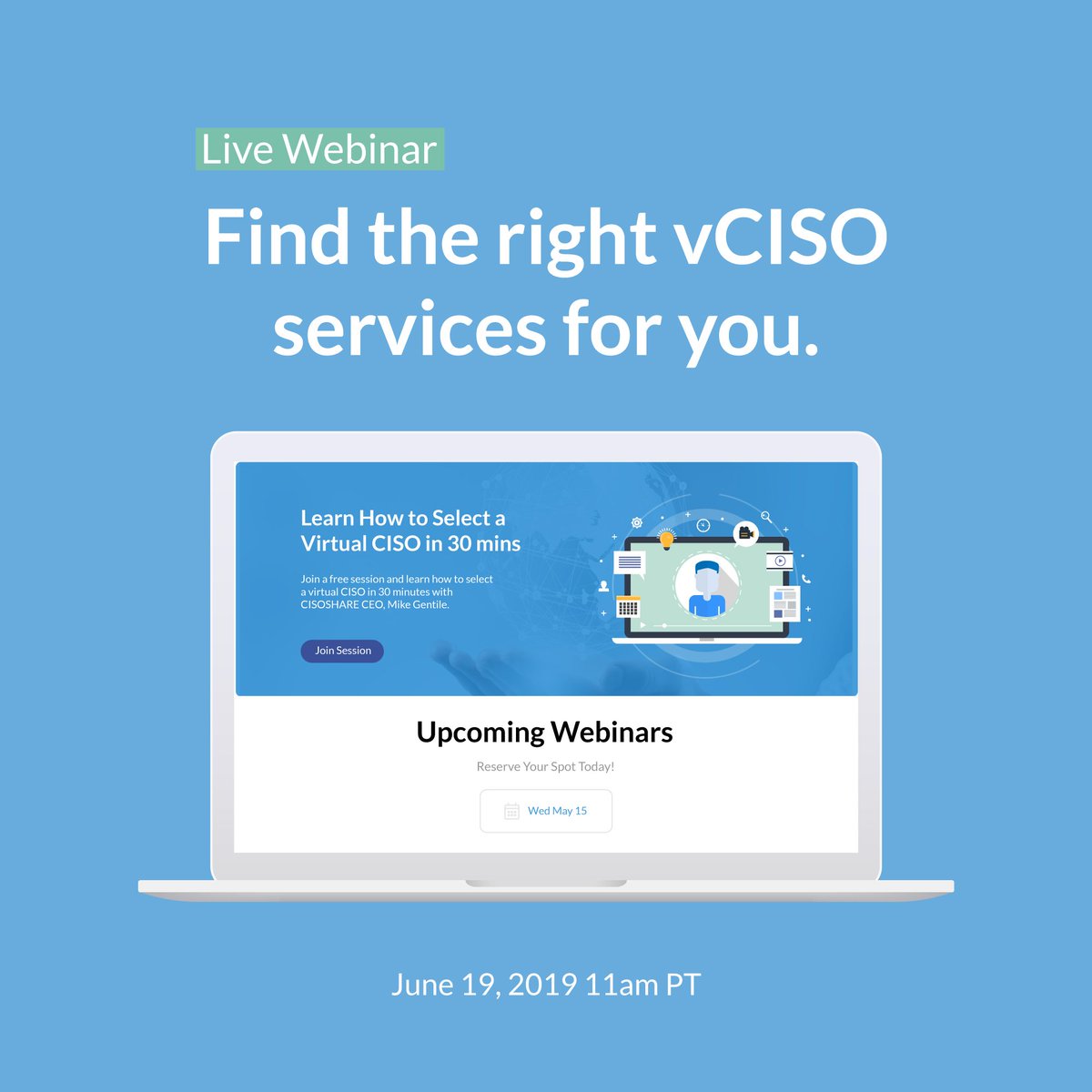 CISOSHARE's tweet photo. Don't get lost in all of the available virtual #CISO services. Join our webinar on June 19th at 10 am PST for a #webinar on what you should know when you're looking for #vCISO services. #security #InfoSec #SecurityPolicies #SecurityProcesses #iot #tech #technology #GDPR #cyber https://t.co/nzae8FlMIW