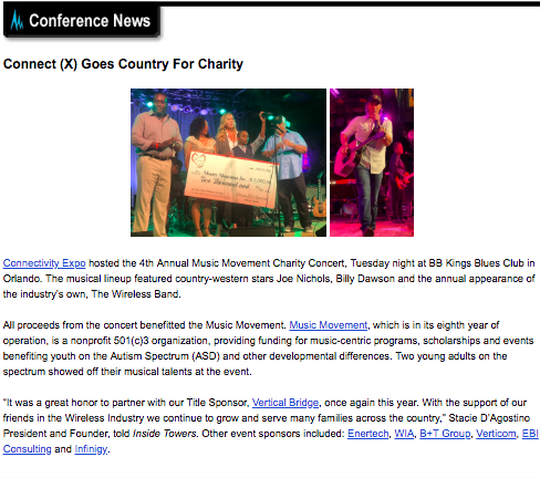 MusicMvmt's tweet photo. Thank you @InsideTowers for the write up on our Charity Concert ft. @JoeNichols  We are beyond grateful to our sponsors &amp; the folks who attended the concert. Thank you for supporting our mission of developing &amp; funding music-centric therapy programs for young people with #Autism https://t.co/FyaVarOnNq