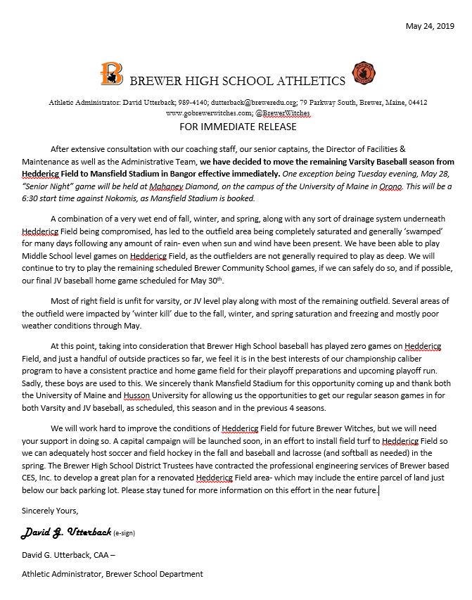 BrewerWitches's tweet photo. We do not take this announcement lightly. 

Effective immediately, we will practice, and play remaining BHS Baseball games at Mansfield Stadium (with minimal exceptions, that are outlined on Varsity and JV schedules on https://t.co/EgbrXu78PK). https://t.co/XFrq8MPm3w