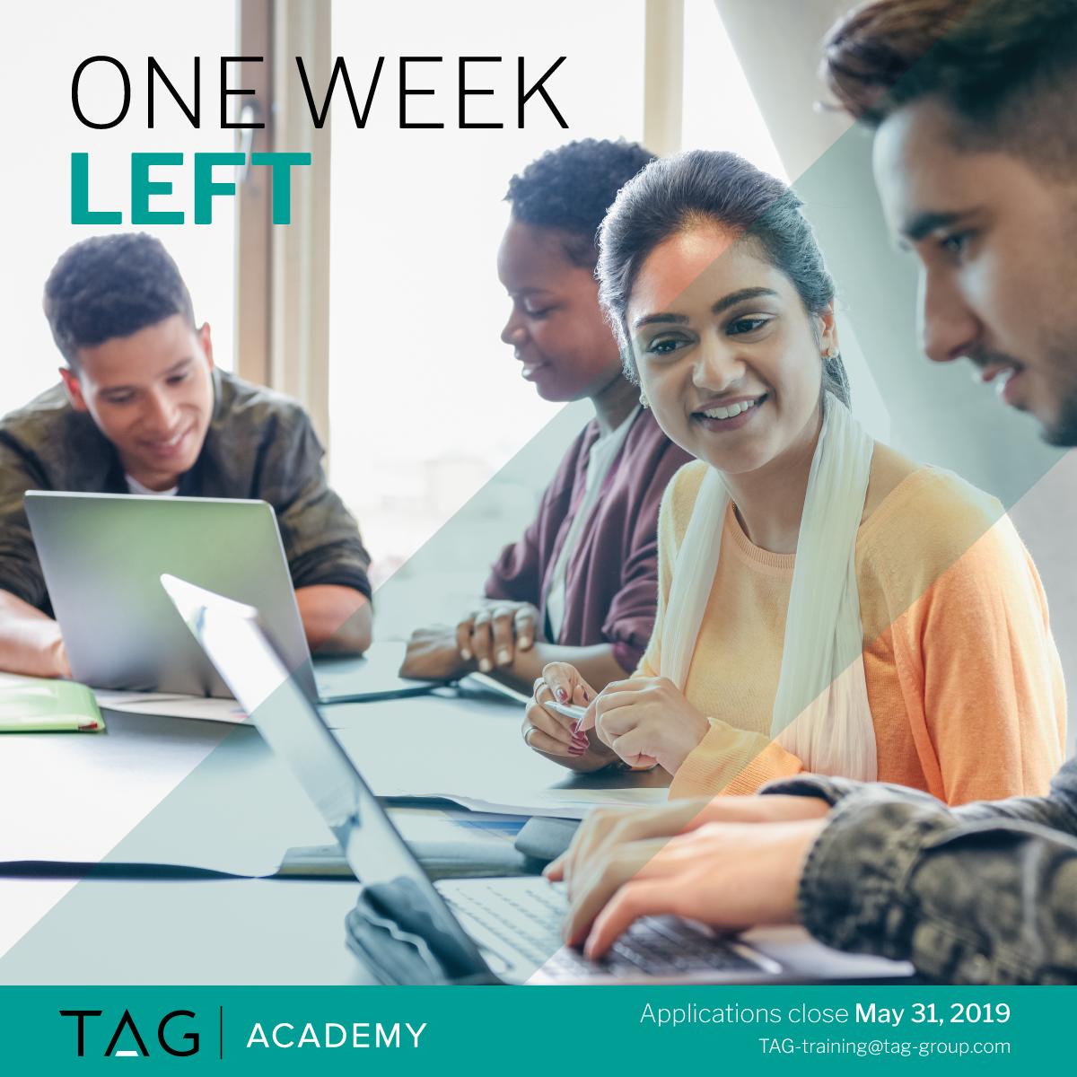 tagtravelgroup's tweet photo. ONE WEEK LEFT - TAG Academy applications are due May 31. Launch your career in #CorporateTravel, #Touring, #FilmProduction or #PrivateTravel now! Download your application form here: https://t.co/s3RgD54c8A 

#TAGTraining #TAGAcademy #Countdown https://t.co/iwWCKM7Hlg