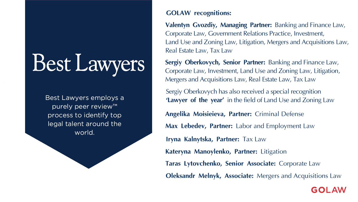 GOLAW_FIRM's tweet photo. We are pleased to announce that @GOLAW_FIRM lawyers have been highly recognised by the international research program @BestLawyers and included to 10th Edition of The Best Lawyers in Ukraine 2020. Congratulations to our Team!

#GOLAW #BESTLAWYERS https://t.co/1Rv8KTskIP