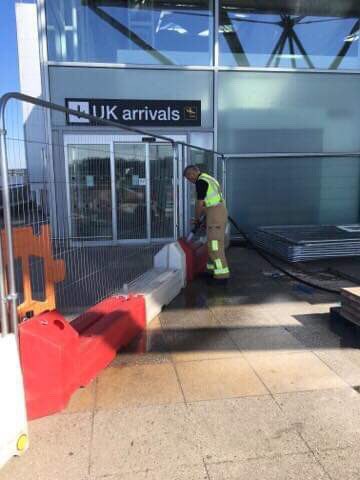 LPLconstruction's tweet photo. A big thanks to @Stanstedfire for helping to secure the new construction site on the Terminal forecourt @STN_Airport by filling the perimeter fencing system with water. In this spirit of collaboration LPL were happy to make a donation to Stansteds CLIC Sargent charity in return. https://t.co/d4ldwOb2lR