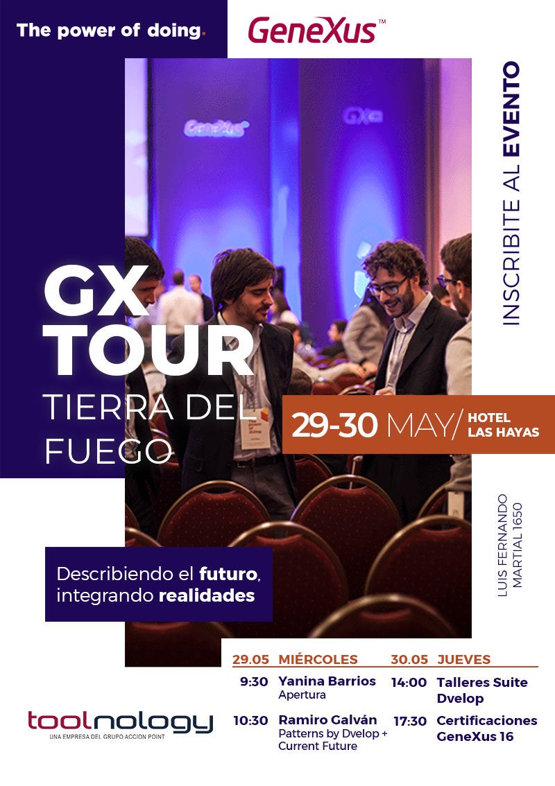 📢GXTour #TierradelFuego
📅29 y 30 de Mayo. 
Todo lo que tenes que saber de GeneXus 16, talleres, certificaciones y mucho más.
Inscripción 👉survey.zohopublic.com/zs/CBBU9R