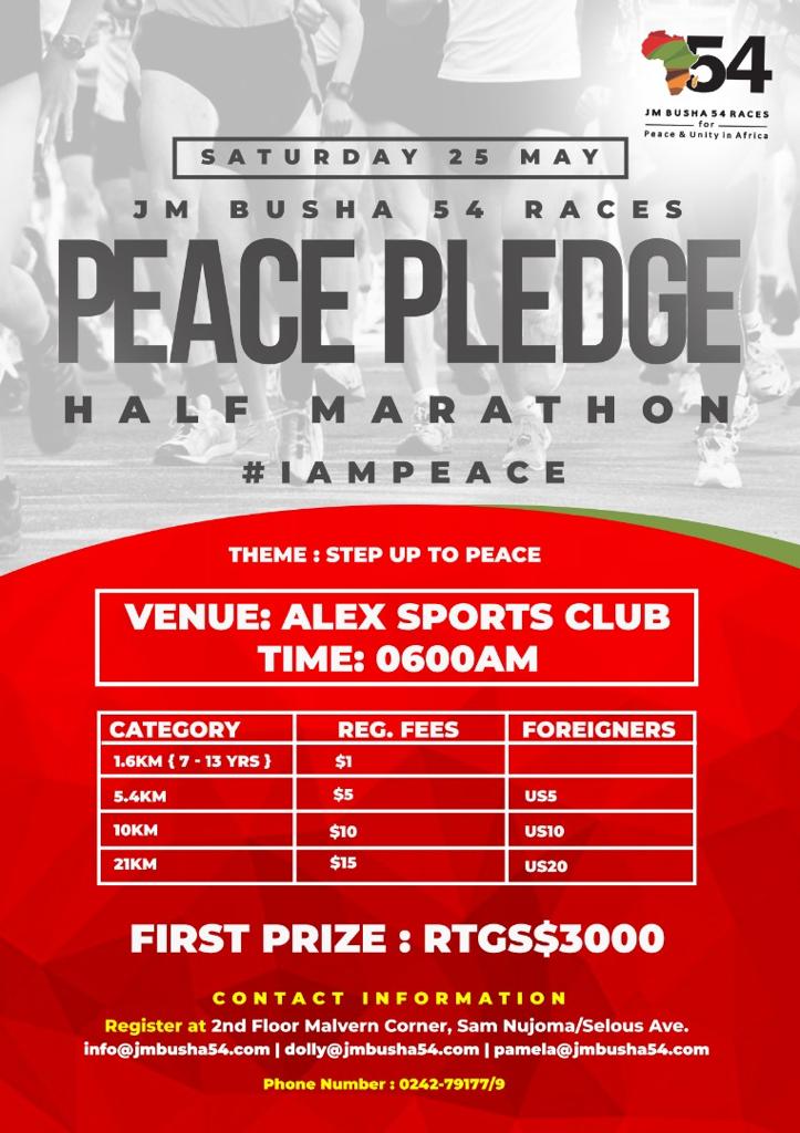 JM_BUSHA54Races's tweet photo. Remember to join us tomorrow at Alex Sports Club in Harare for the 2019 @JM_BUSHA54Races Peace Pledge Half Marathon 3rd Edition as we run for Peace! #iampeace #StepUpToPeace @UNDPZimbabwe @WilliamTsuma @qhawenoma @williamzambezi @taytbells @SportBriefZW @euinzim @TimoOlkkonen https://t.co/4zrlC7P7o6