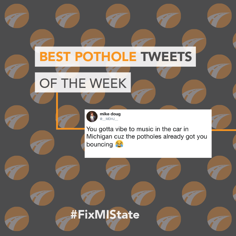 FixMIState's tweet image. Michigan: where you have to hit one pothole to miss another 😂 Check out these hilarious#MichiganPothole tweets! 🙌 

Use #FixMIState to tweet about Michigan&apos;s #infrastructureproblems like #sinkholes #sewage overflows &amp;amp; more.